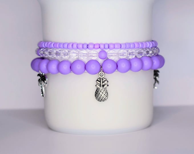 Light Purple Tumbler Bracelet Stack: Silver Charms, Handmade Jewelry