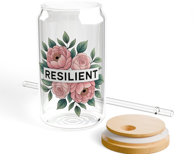 Resilient Floral Glass Can Cup with Bamboo Lid & Straw