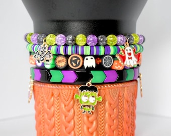 Halloween Bracelet Stack: Spooky Charms, Enamel Bead, Set of 4