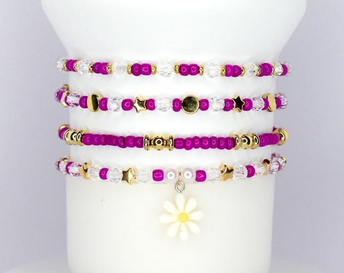 Magenta and Gold Tumbler Bracelet Stack with Daisy Charm