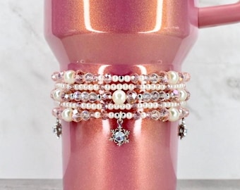Handmade Pink Pearl Bracelet Set: Crystal Snowflake Charm, Beaded Stacking Bracelets