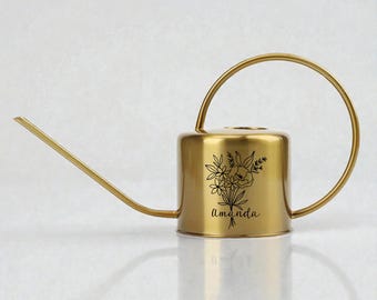 Personalized Watering Can Gold with Floral Bouquet and Customizable Name or Word Design