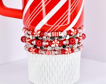 Red and White Candy Cane Twist Beaded Bracelet Collection