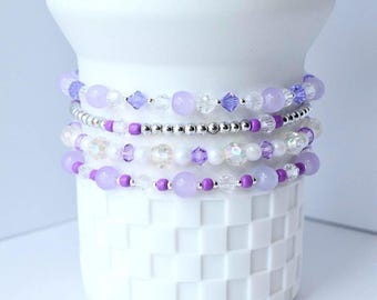 Lavender Dreams Bracelet Collection: Light Purple Beaded Bracelets with Pearl and Crystal Accents