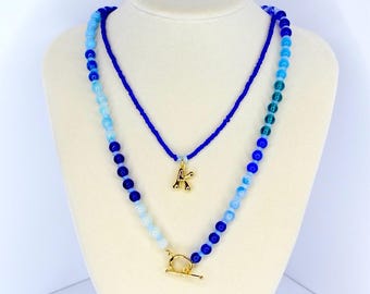 Blue Glass Beaded Layered Necklace with Gold-Filled Custom Letter Charm