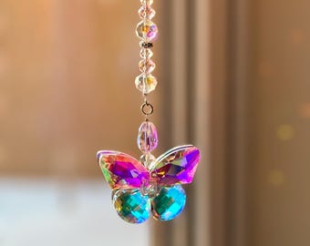 Butterfly Crystal Suncatcher - Rainbow Light Catcher Window or Rearview Mirror Hanging Decor