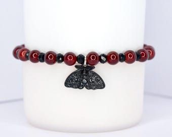 Dark Romance Moth Charm Bracelet with Red and Black Glass Beads
