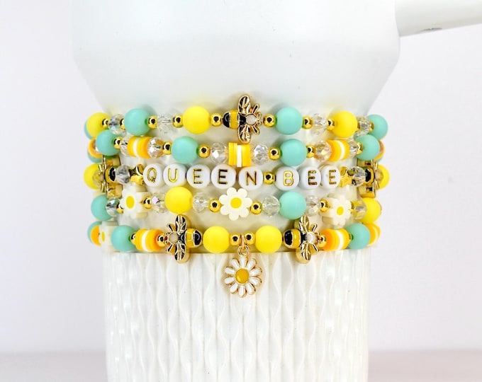 Featured listing image: Yellow and Mint Bee Charm Bracelet Collection with Daisy Charm