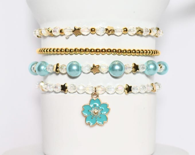 Teal and Gold Tumbler Bracelet Stack with Teal Flower Charm
