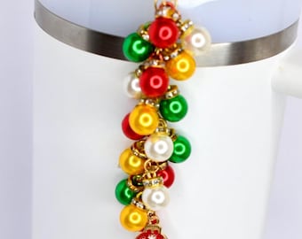 Christmas Tumbler Straw Charm: Red, Green, and Gold Pearl Beads, Snowflake Pendant