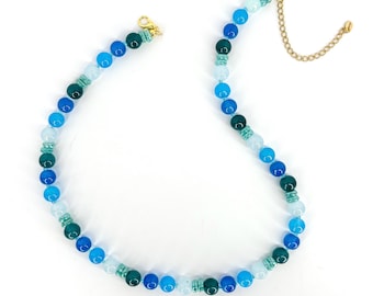 Blue Glass Beaded Necklace – Handmade Jewelry with Gradient Blue Beads