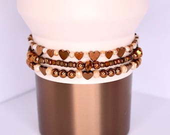 Bronze and Cream Heart Bracelet Collection: Hematite and Glass Beaded Bracelets