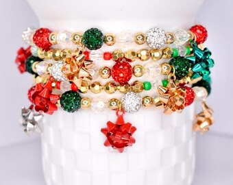 Christmas Bracelet Collection: Red and Green Sparkle Mini Bow Charm Bracelets
