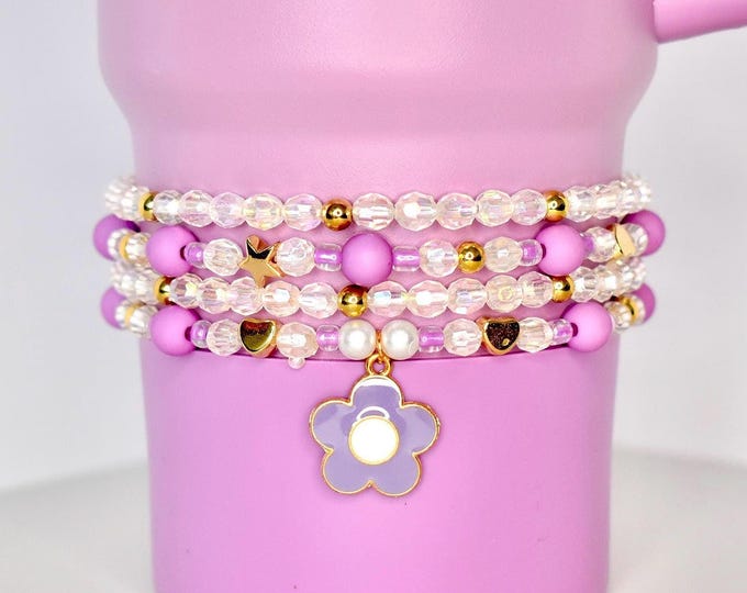 Purple, Gold, and Sparkly Tumbler Bracelet Stack with Purple Flower Charm