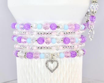 Heart Charm Beaded Bracelet Set – Purple, Pink & Blue Valentine's Day Jewelry