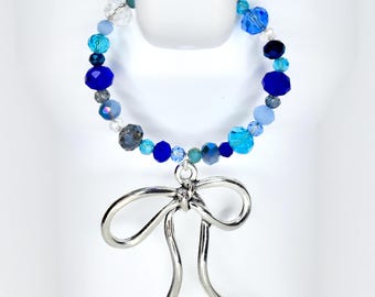 Blue and Crystal Tumbler Handle Bracelet with Bow Charm