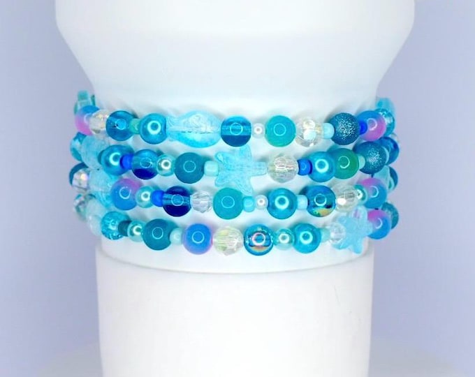 Blue Beaded Bracelet Stack for Tumbler or Wrist: Ocean Breeze Starfish Charm