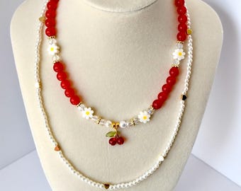 Layered Necklace Set: Cherry Charm, Daisy & Pearl Y2K Jewelry