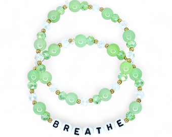 Custom Green Beaded Bracelet Set of 2 with Crystal and Gold Accents