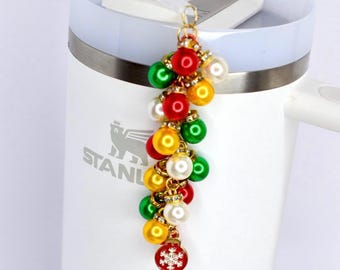 Christmas Tumbler Straw Charm: Red, Green, and Gold Pearl Beads, Snowflake Pendant