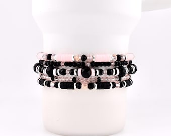 Rosewater and Onyx Bracelet Collection: Pink and Black Beaded Bracelets