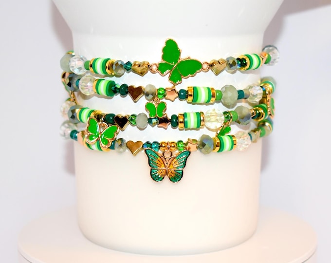 Green and Gold Tumbler Bracelet Stack with Butterfly Charm