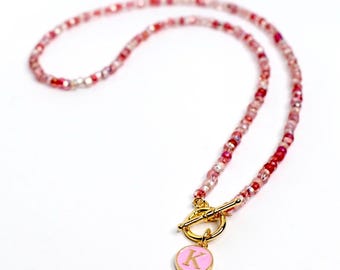 Pink Beaded Necklace with Custom Initial Charm