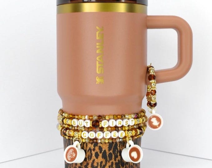 But First Coffee Tumbler Bracelet Set: Beaded Bracelets with Coffee Cup Charms