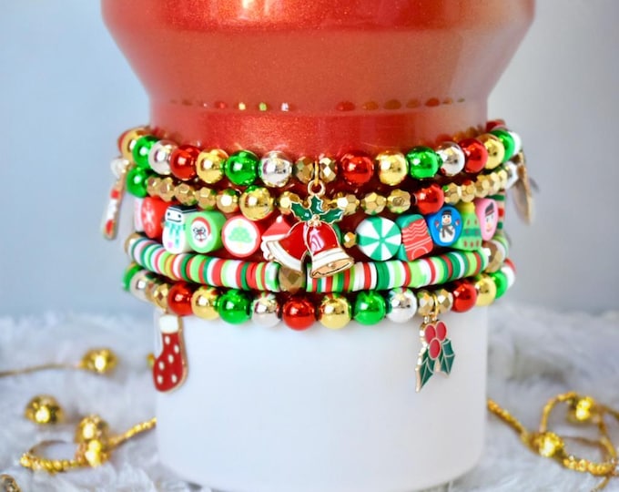 Christmas Beaded Bracelet Stack: Red, Green & Gold Holiday Jewelry