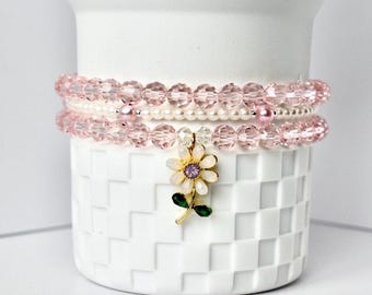Pink Crystal & Pearl Bracelet Stack, Set of 3