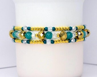 Teal and Gold Bracelet Collection: Handmade Stackable Beaded Bracelets