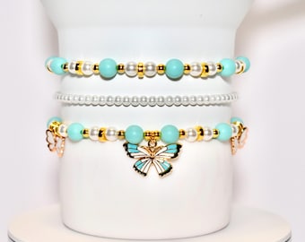 Mint Pearl Bracelet Collection with Gold Butterfly Charm