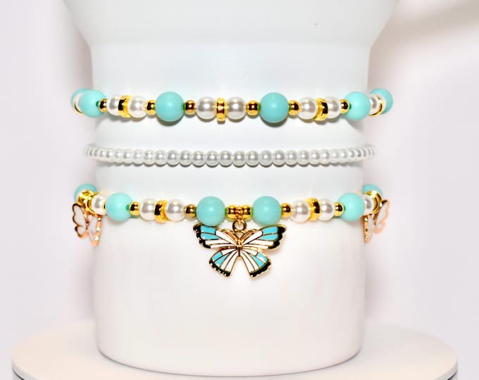 Mint, Pearl, and Gold Tumbler Bracelet Stack with Butterfly Charm