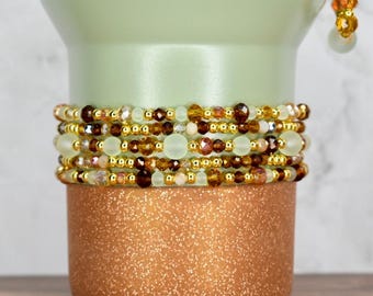 Juniper Bracelet Collection with Sage Green, Brown, and Gold Beads