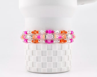 Pink Ginham Bracelet Collection: Pink and Orange Beaded Stretch Bracelets