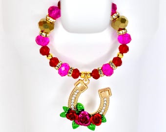Hot Pink Red Gold Beaded Tumbler Handle Bracelet | Kentucky Derby Horseshoe Charm