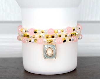Blush Opal Bracelet Collection: Light Pink and Gold Beaded Bracelets with Opal Charm