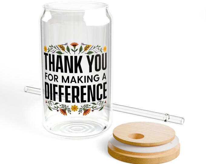 Thank You Glass Can Cup With Straw And Bamboo Lid