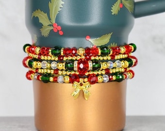 Holiday Botanical Beaded Bracelet Collection with Festive Gold Bow Charm