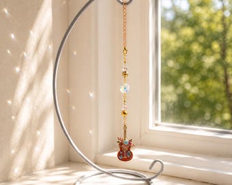 Floral Guitar Charm Suncatcher - Handcrafted Window & Rearview Mirror Decor with Suction Cup