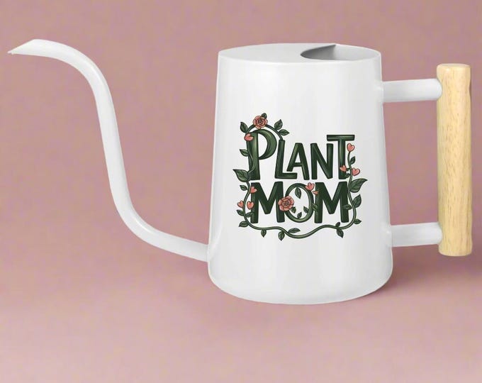 Plant Mom Watering Can: Floral Script Design, Stainless Steel