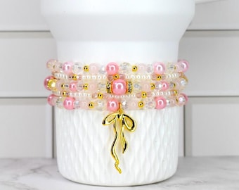 Pink Coquette Bow Chantilly Bracelet Collection: Pink, Gold and Pearl Beaded Bracelets