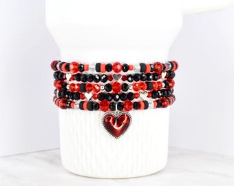 Red and Black Heart Charm Bracelet Stack: Crystal Beaded, Valentine's Day