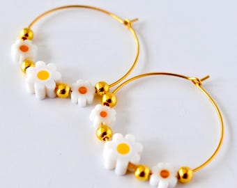 Daisy Hoop Earrings Gold and White Daisy Beaded Hoops