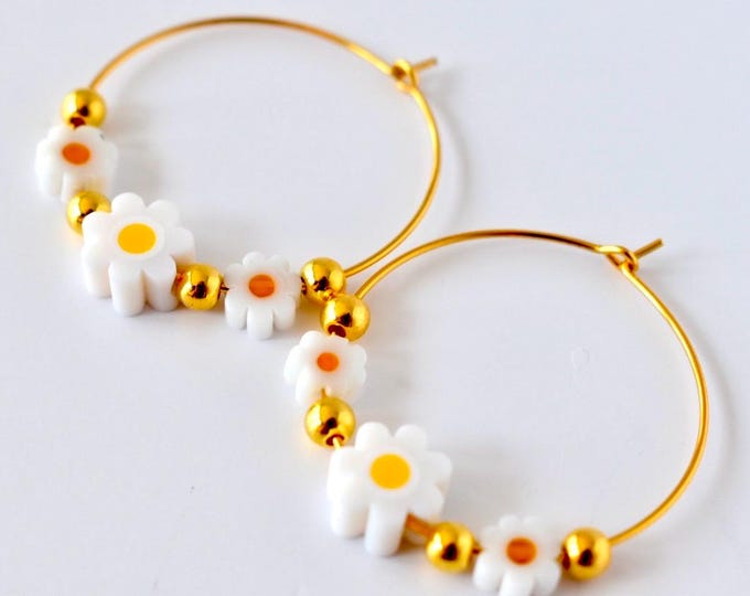 Daisy Hoop Earrings Gold and White Daisy Beaded Hoops