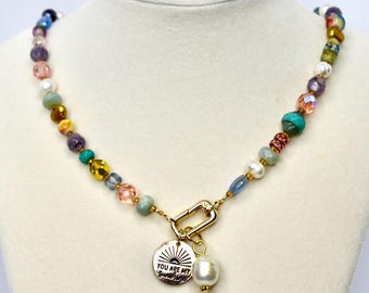Colorful Beaded Necklace with You Are My Sunshine Charm & Pearl Charm