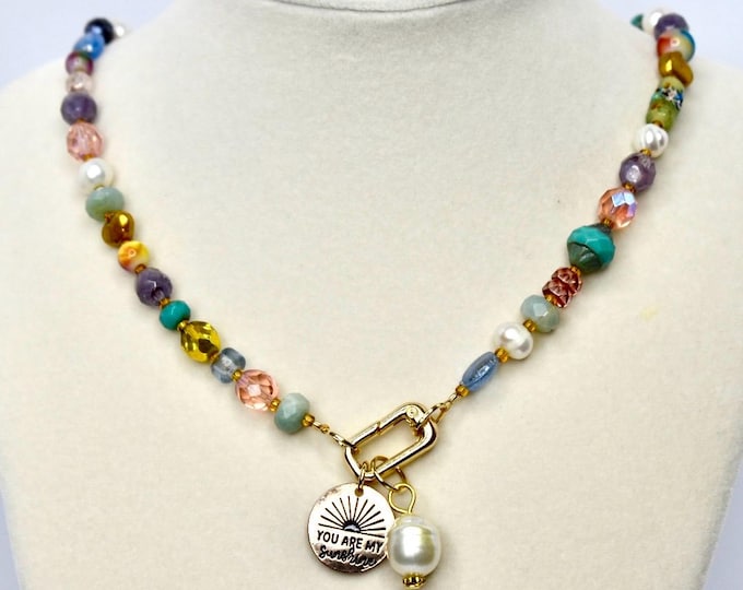 Colorful Beaded Necklace with You Are My Sunshine Charm & Pearl Charm