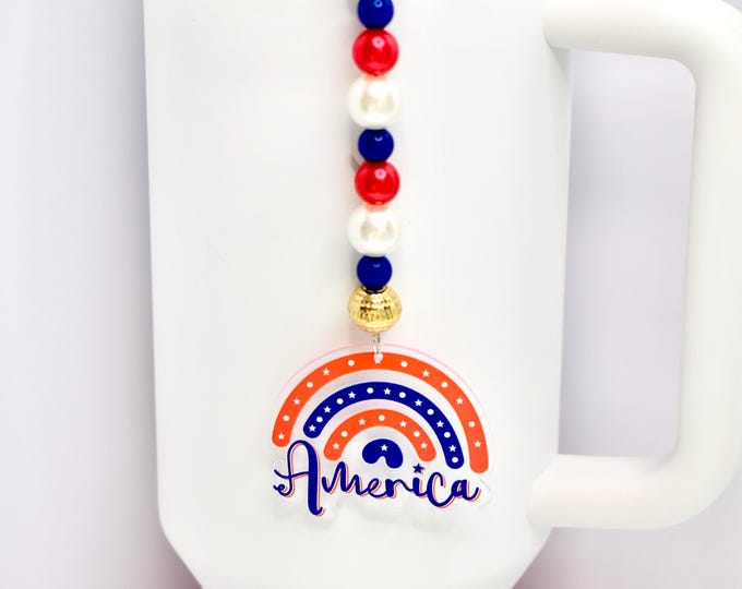 Patriotic Tumbler Straw Charm: Red White Blue Beaded USA Accessory