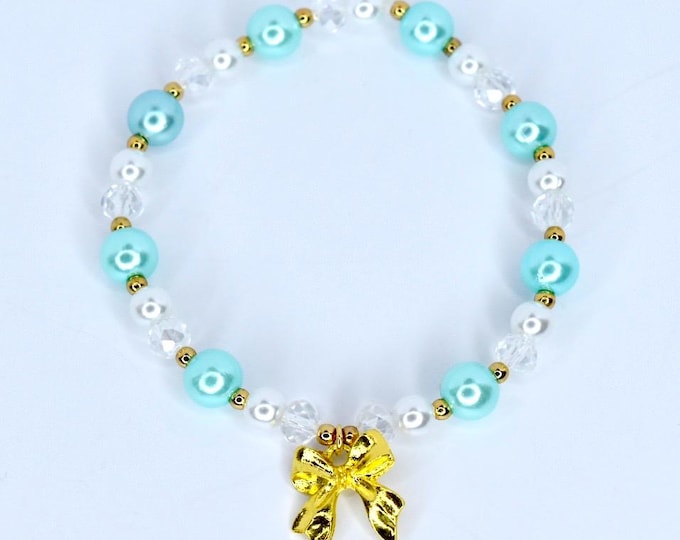 Gold Bow Pearl Beaded Bracelet: Aqua & White Crystal Charm