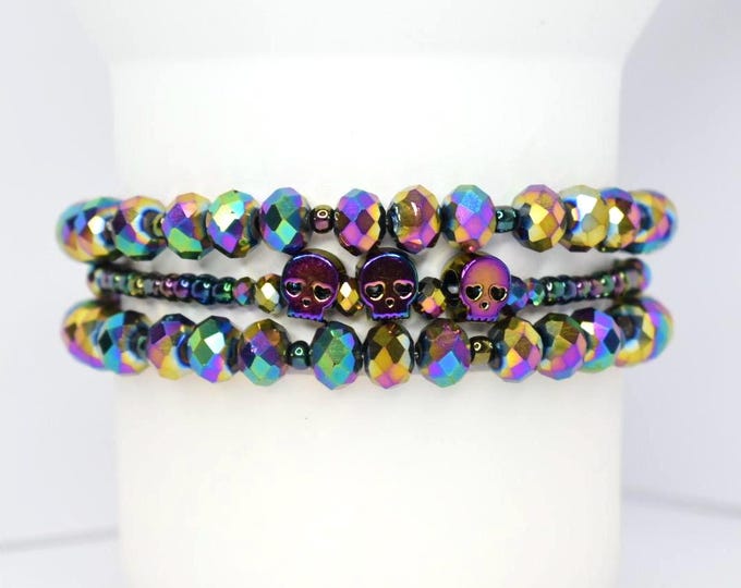 Skull Beaded Bracelet Stack: Iridescent Crystal, Gothic Punk Jewelry